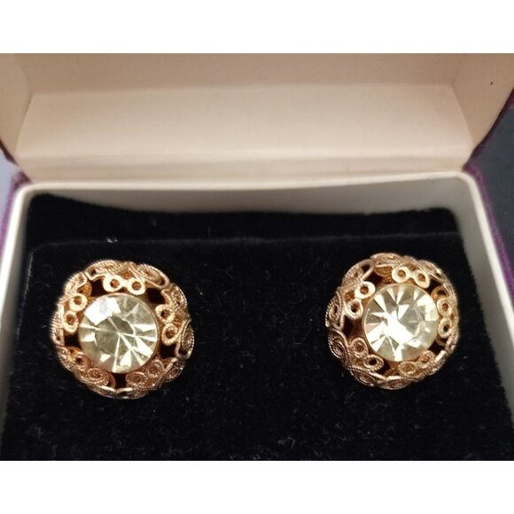 Vintage Tivoli Gold-Tone Filigree Cufflinks With Yellow Rhinestones In Original - Picture 2 of 11